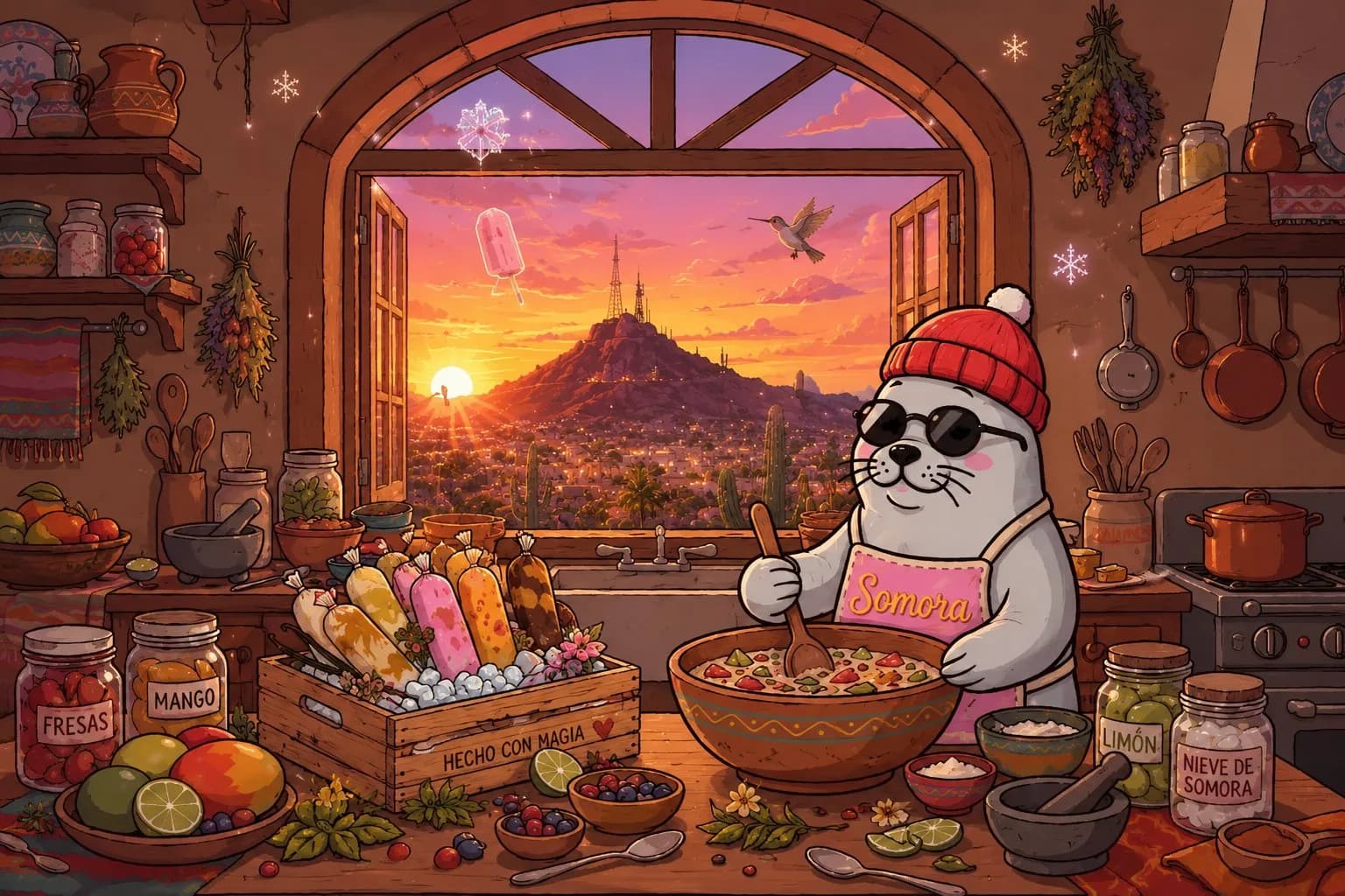Nalu, la foca exploradora y chef de Somora, en su cocina frente a un atardecer de Hermosillo