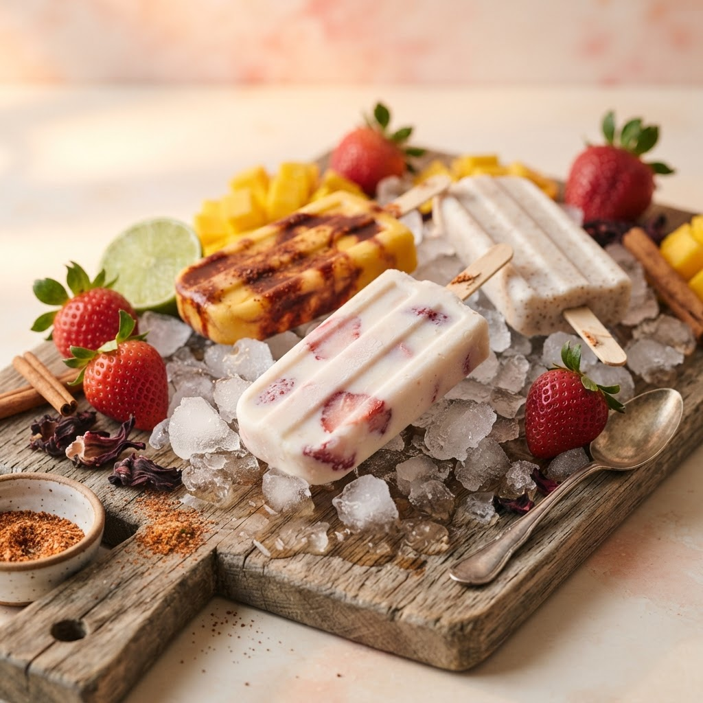 Hielitos artesanales de Somora sobre madera con fruta fresca y hielo