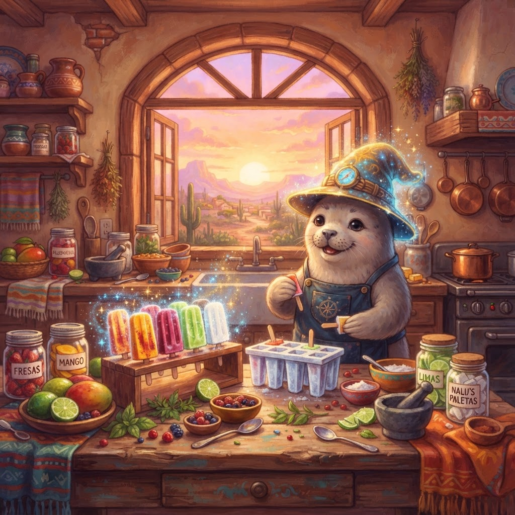 Nalu, la foca exploradora y chef de Somora, en su cocina frente a un atardecer de Hermosillo